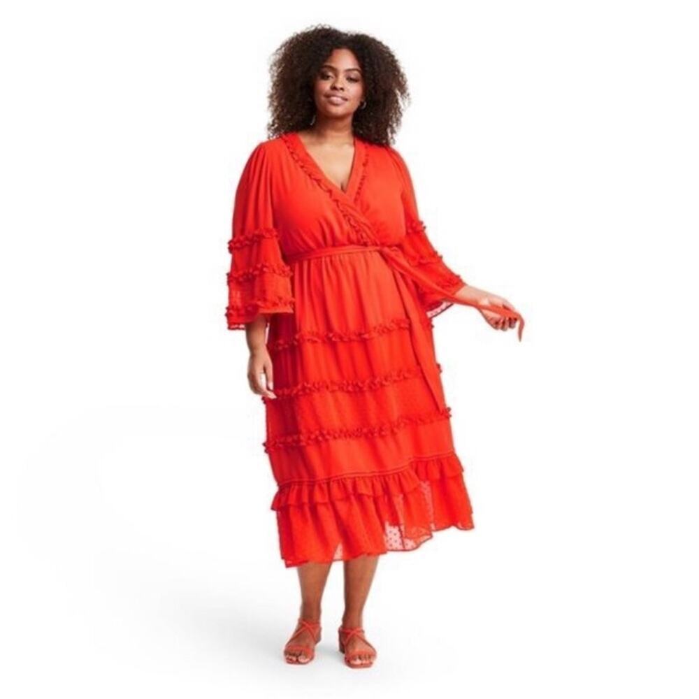 Alexis Target Dress Angel Sleeve Tiered Ruffle Orange Chiffon Plus Size 2X Boho